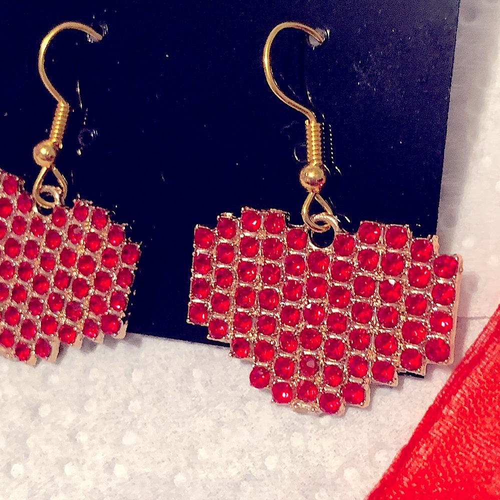 Heart Dangle Earrings Rhinestone Crystal Red Handmade Gift Love Valentines NEW - Picture 4 of 11